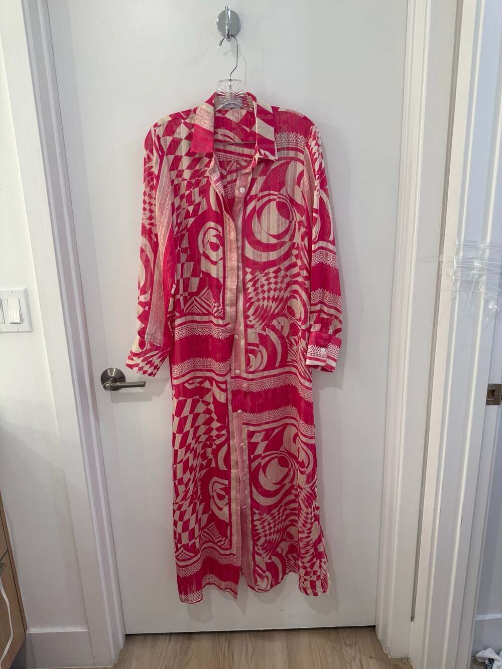 Teria Yabar Geometric Pattern Button-Down Maxi Shirt Dress